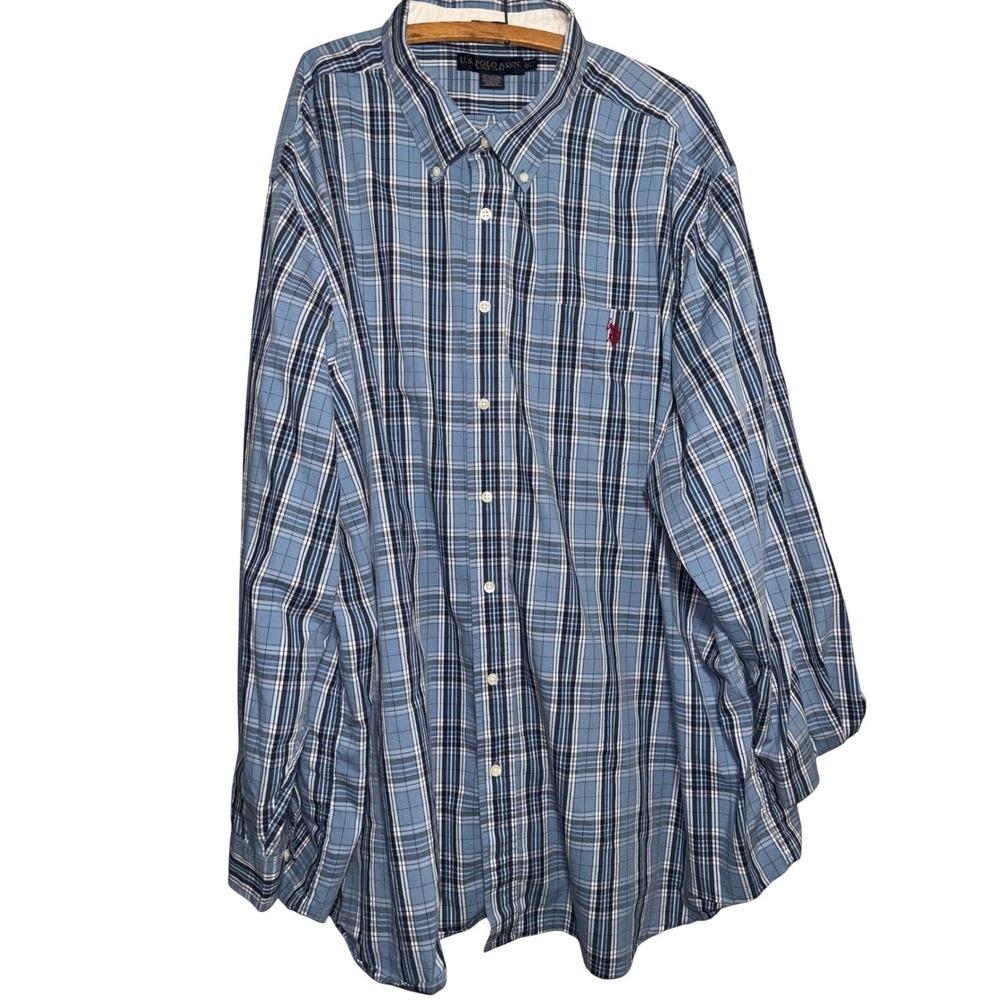 US Polo Assn Mens 4XLT Blue Plaid Stretch Long Sleeve Button Down Shirt Tall